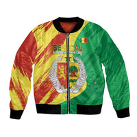 Unisex bomber jacket with front zipper, black trim, Senegal coat of arms on flag print