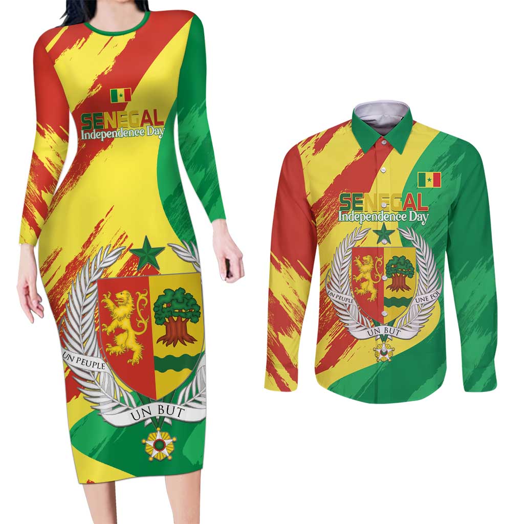 Senegal Independence Day Couples Matching Long Sleeve Bodycon Dress and Long Sleeve Button Shirt Coat Of Arms Grunge Style