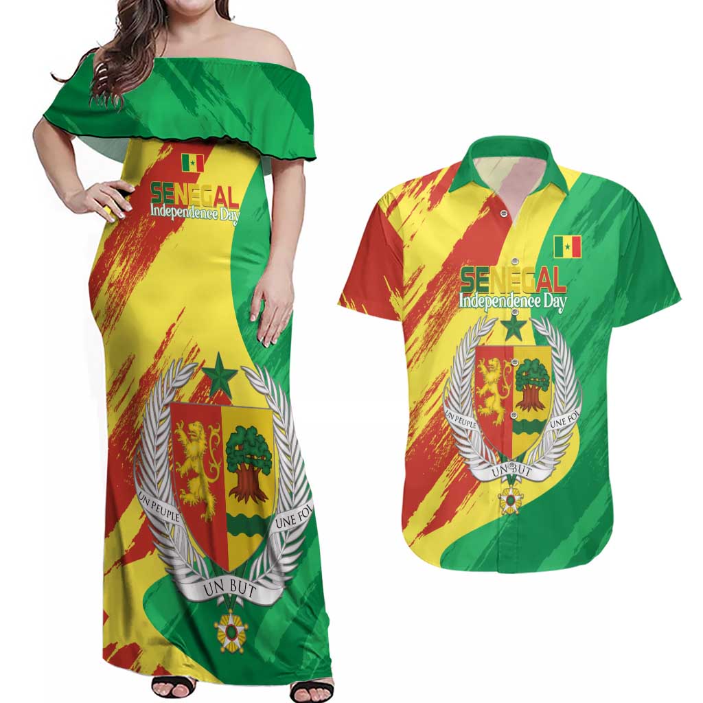 Senegal Independence Day Couples Matching Off Shoulder Maxi Dress and Hawaiian Shirt Coat Of Arms Grunge Style