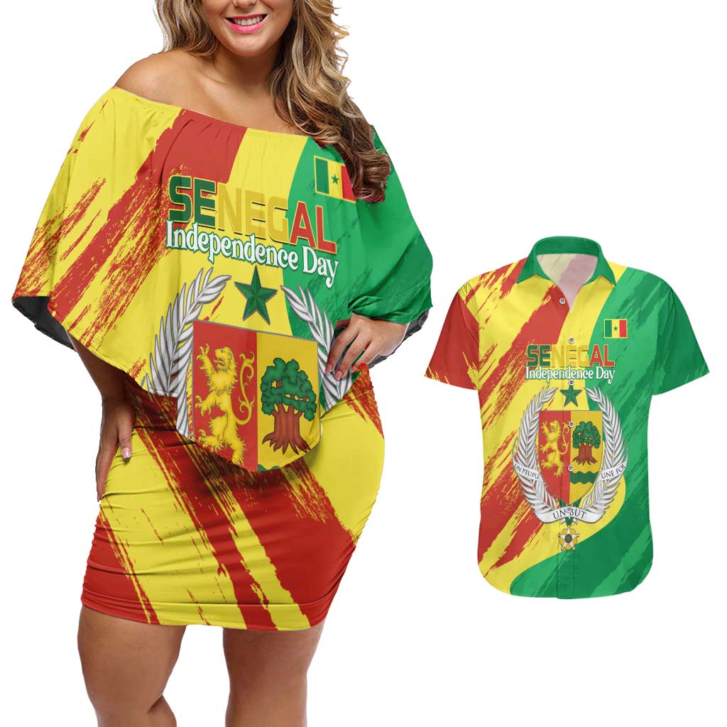 Senegal Independence Day Couples Matching Off Shoulder Short Dress and Hawaiian Shirt Coat Of Arms Grunge Style