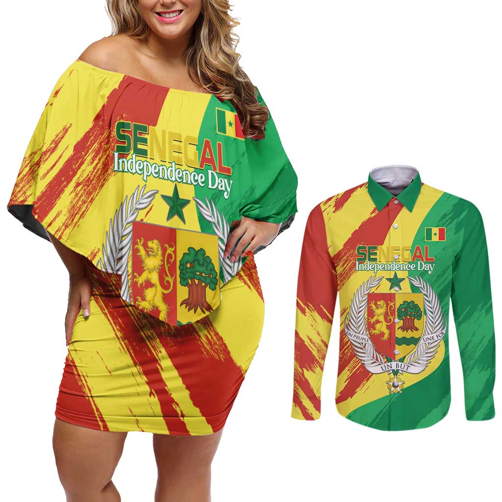 Senegal Independence Day Couples Matching Off Shoulder Short Dress and Long Sleeve Button Shirt Coat Of Arms Grunge Style