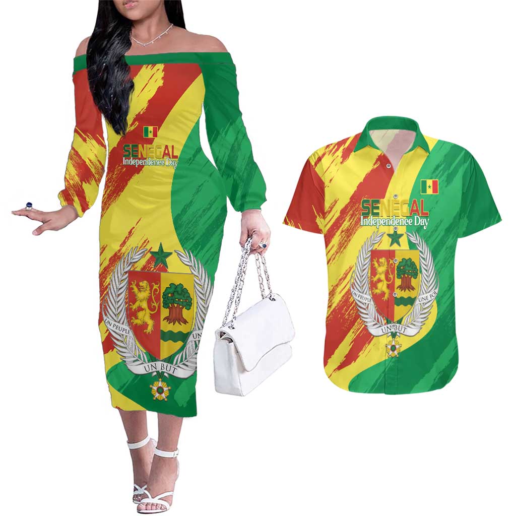 Senegal Independence Day Couples Matching Off The Shoulder Long Sleeve Dress and Hawaiian Shirt Coat Of Arms Grunge Style