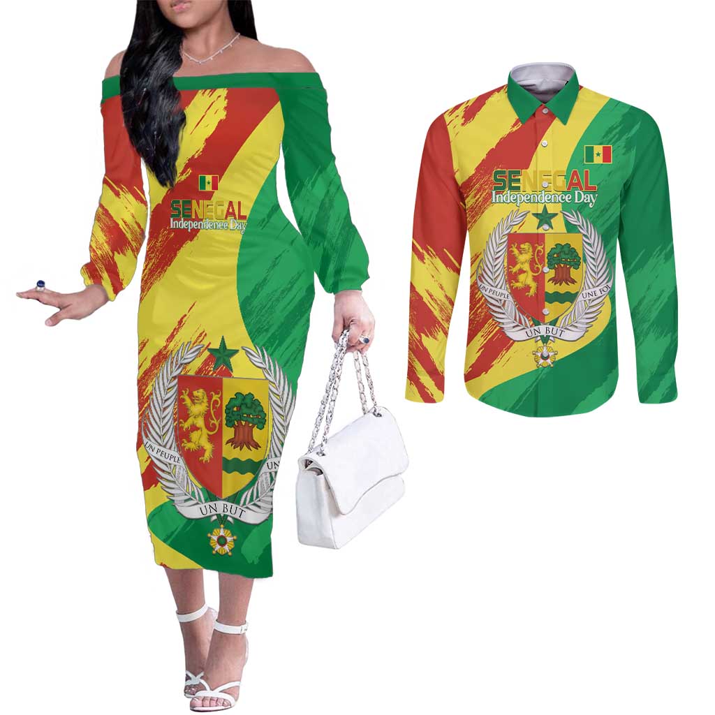 Senegal Independence Day Couples Matching Off The Shoulder Long Sleeve Dress and Long Sleeve Button Shirt Coat Of Arms Grunge Style