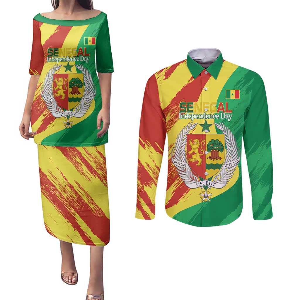 Senegal Independence Day Couples Matching Puletasi and Long Sleeve Button Shirt Coat Of Arms Grunge Style