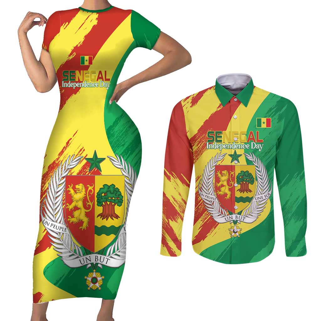 Senegal Independence Day Couples Matching Short Sleeve Bodycon Dress and Long Sleeve Button Shirt Coat Of Arms Grunge Style