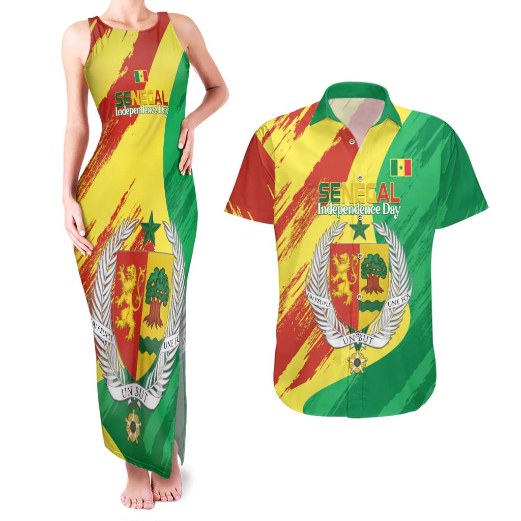 Senegal Independence Day Couples Matching Tank Maxi Dress and Hawaiian Shirt Coat Of Arms Grunge Style