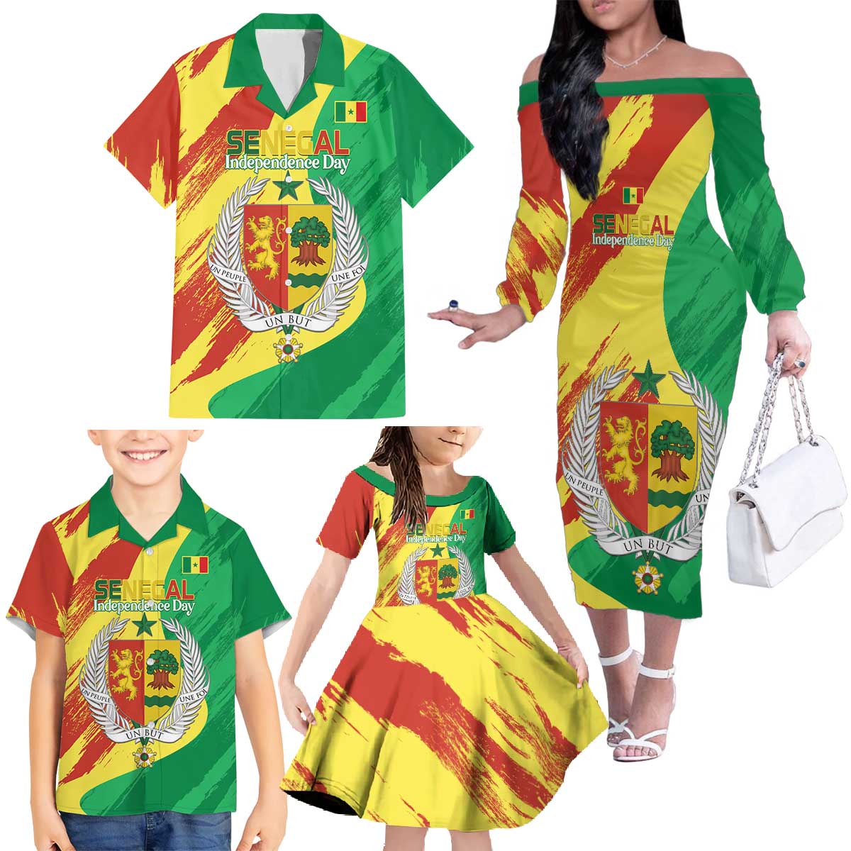 Senegal Independence Day Family Matching Off The Shoulder Long Sleeve Dress and Hawaiian Shirt Coat Of Arms Grunge Style