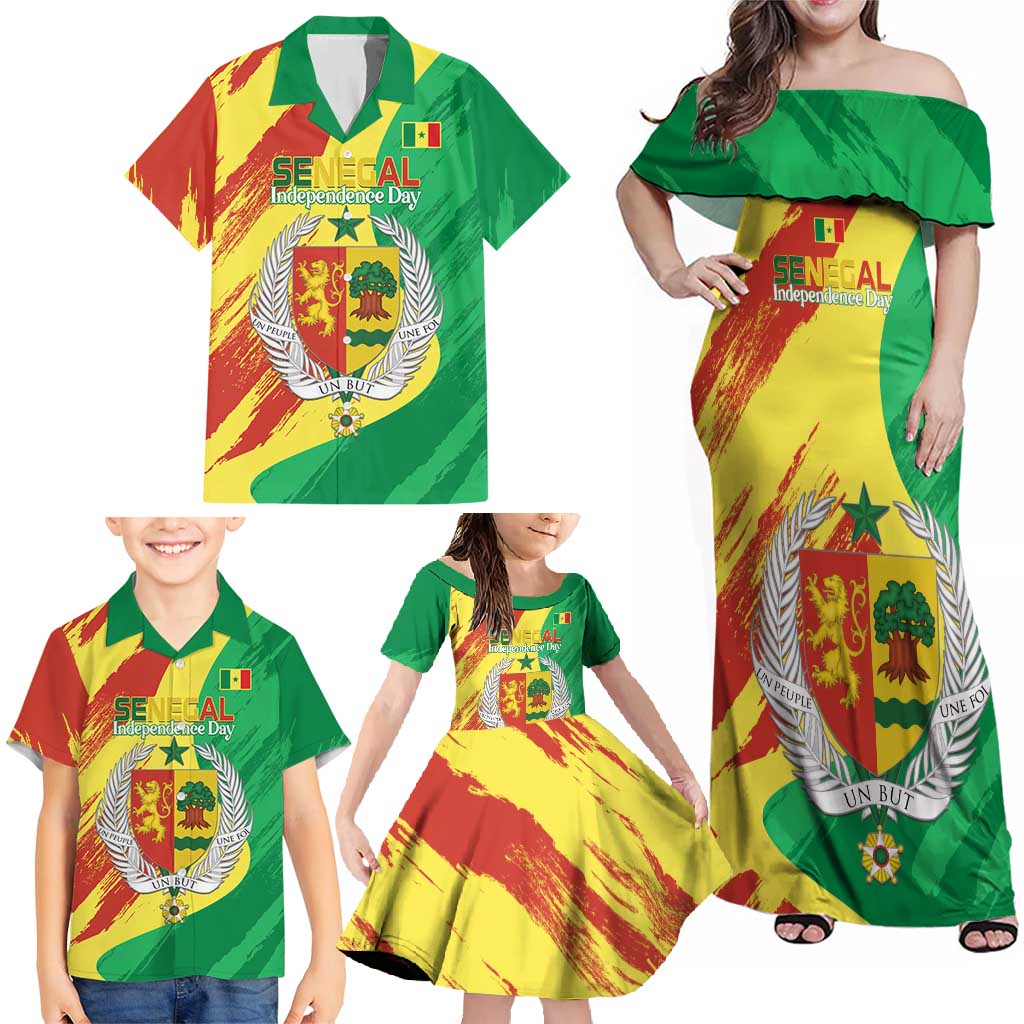 Senegal Independence Day Family Matching Off Shoulder Maxi Dress and Hawaiian Shirt Coat Of Arms Grunge Style