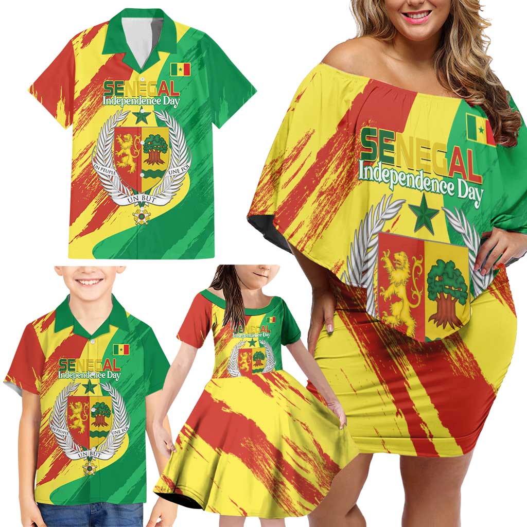 Senegal Independence Day Family Matching Off Shoulder Short Dress and Hawaiian Shirt Coat Of Arms Grunge Style