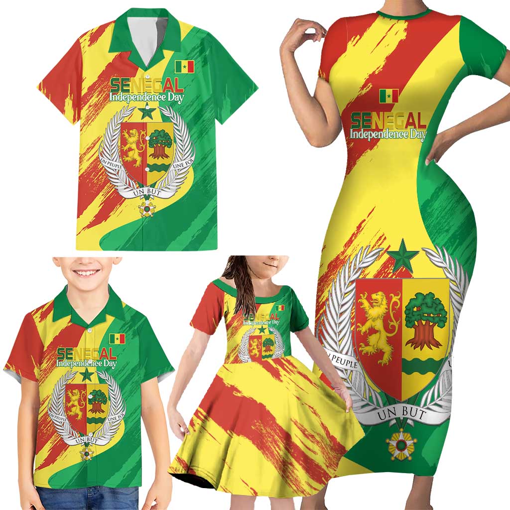 Senegal Independence Day Family Matching Short Sleeve Bodycon Dress and Hawaiian Shirt Coat Of Arms Grunge Style