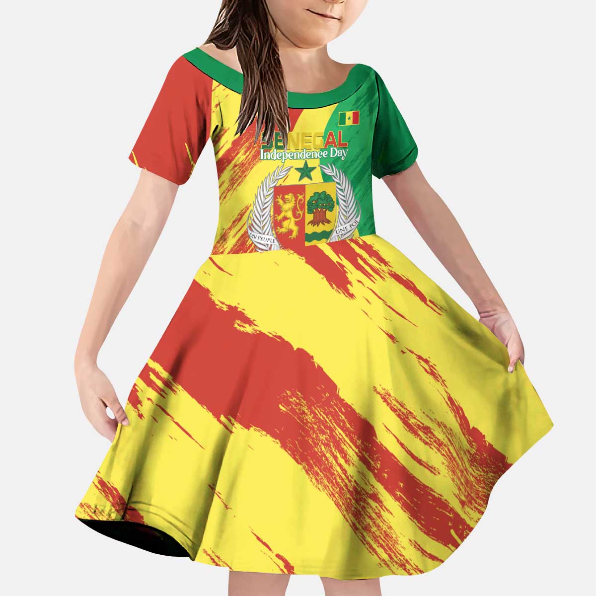 Senegal Independence Day Kid Short Sleeve Dress Coat Of Arms Grunge Style