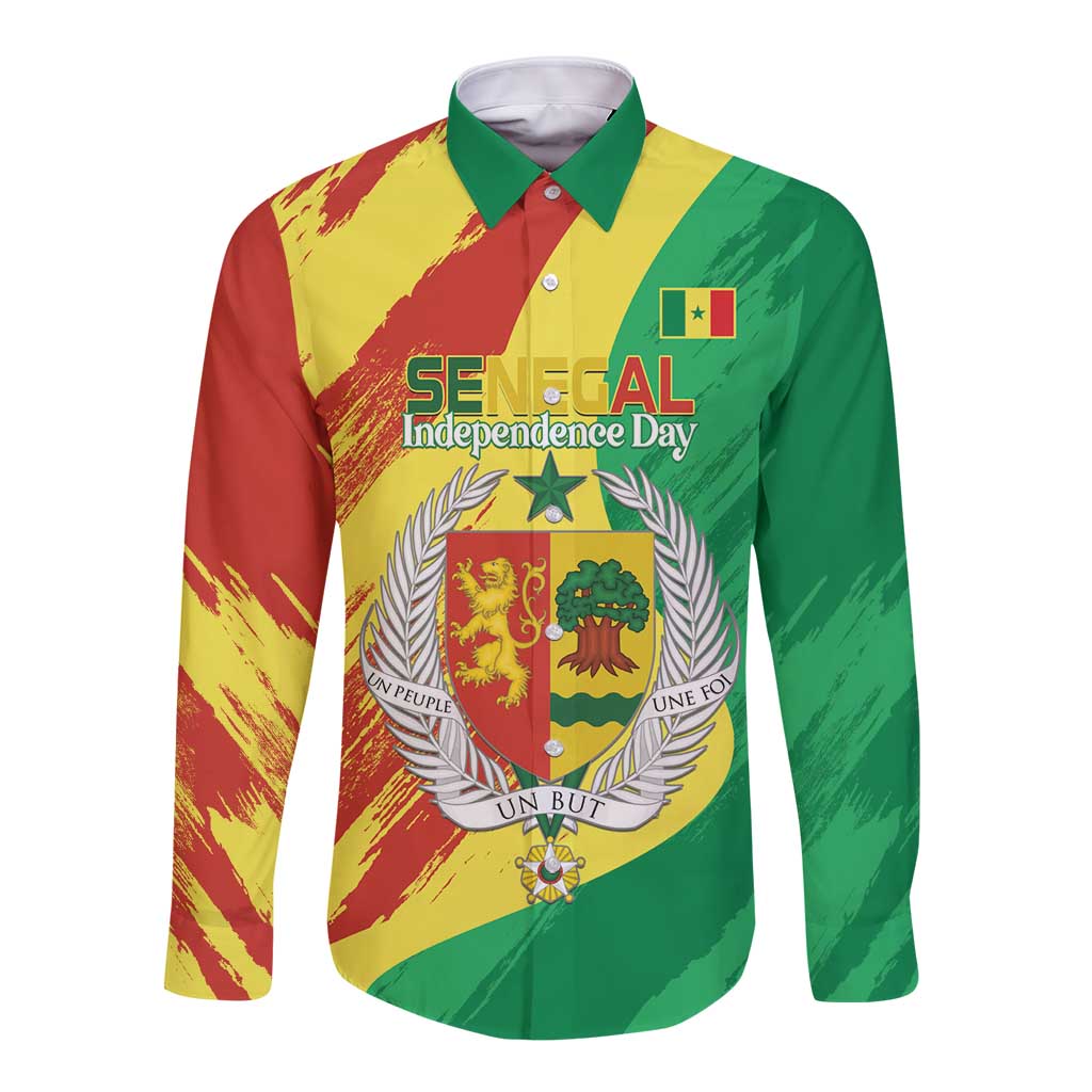 Senegal Independence Day Long Sleeve Button Shirt Coat Of Arms Grunge Style