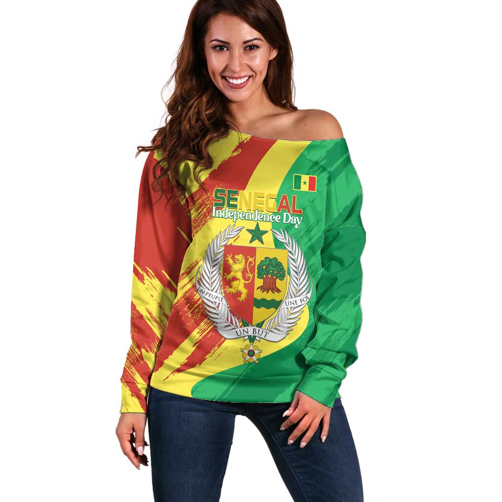 Senegal Independence Day Off Shoulder Sweater Coat Of Arms Grunge Style