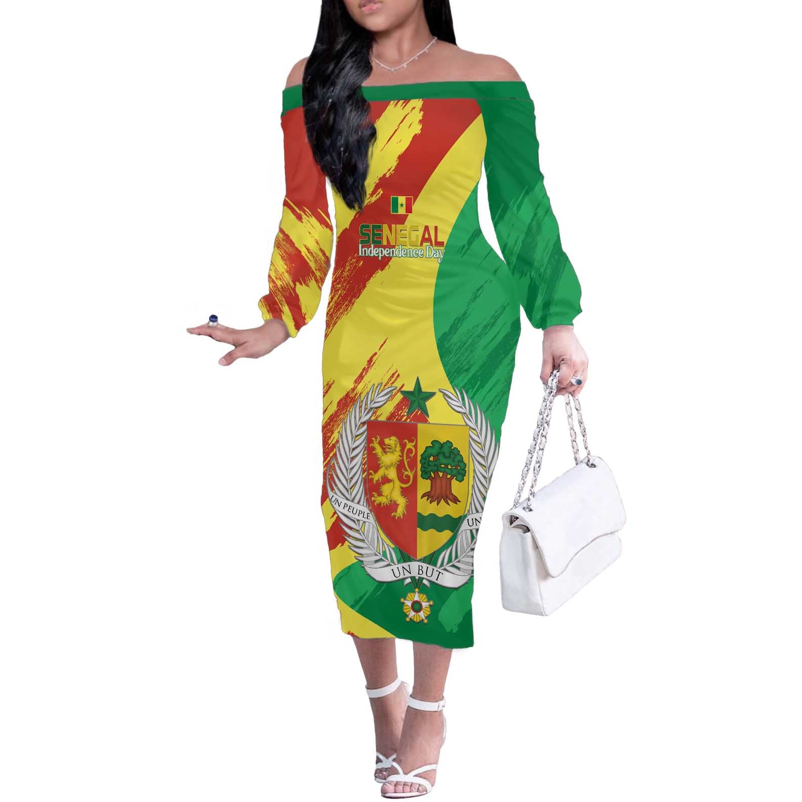 Senegal Independence Day Off The Shoulder Long Sleeve Dress Coat Of Arms Grunge Style