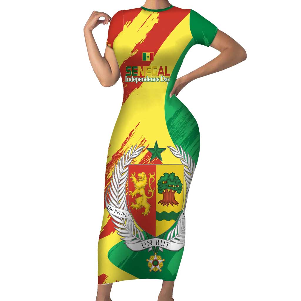 Senegal Independence Day Short Sleeve Bodycon Dress Coat Of Arms Grunge Style