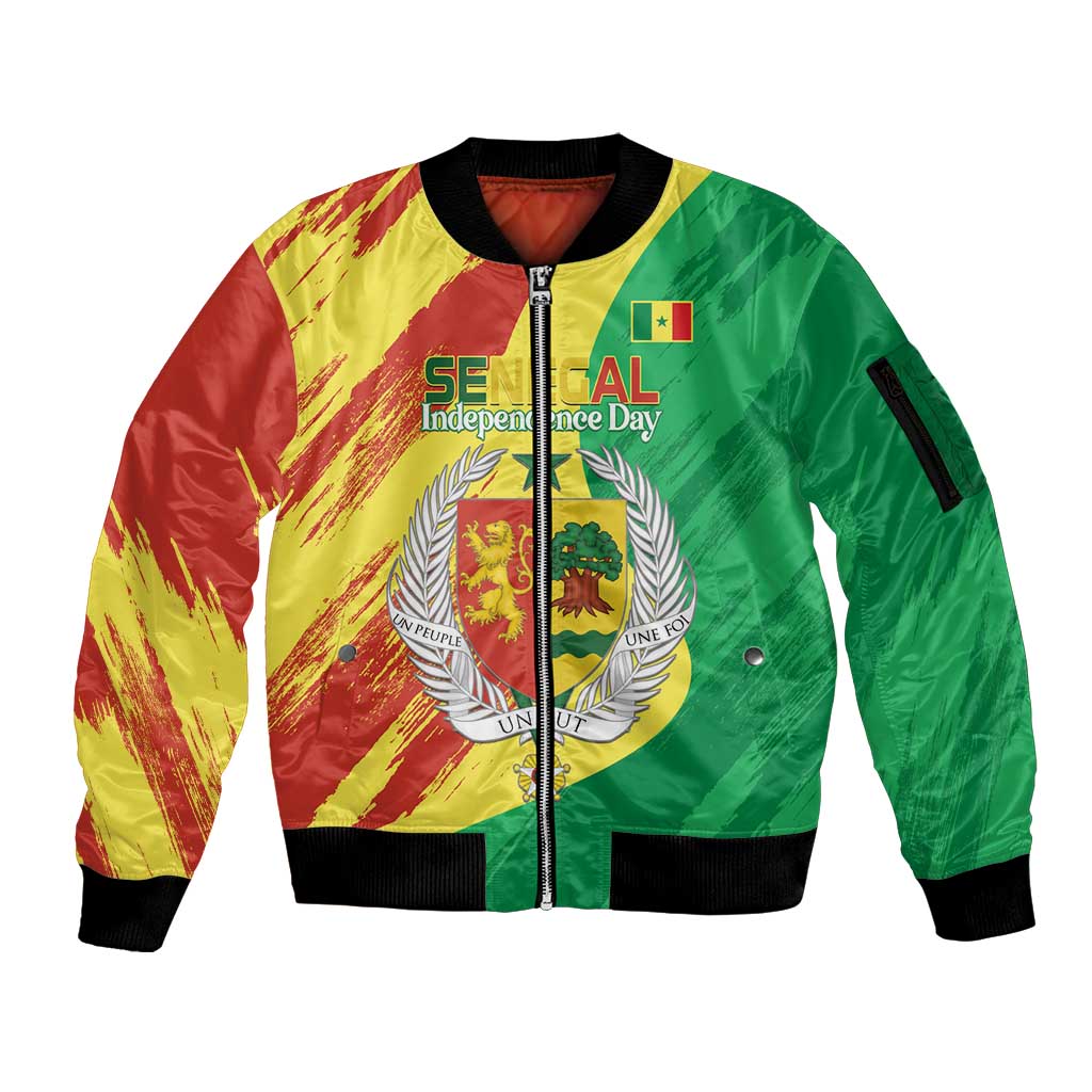 Senegal Independence Day Sleeve Zip Bomber Jacket Coat Of Arms Grunge Style