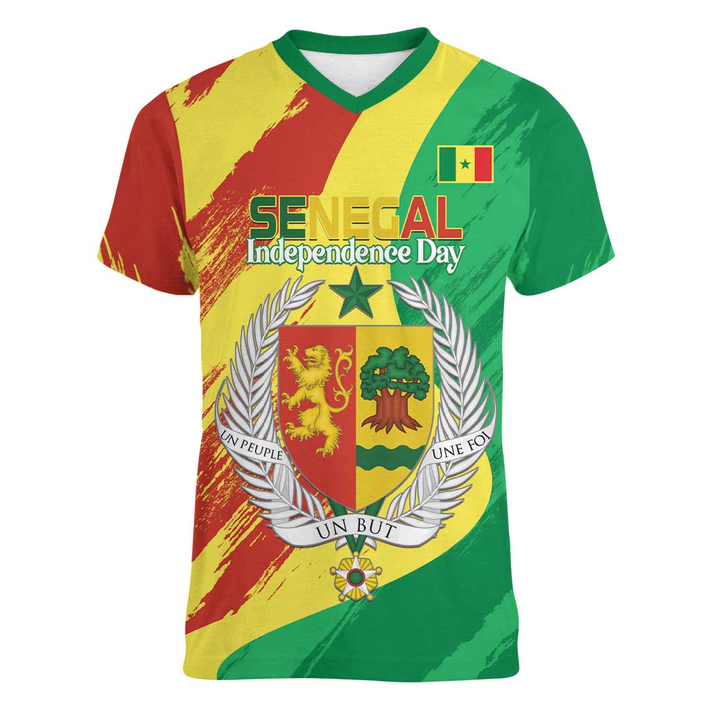 Senegal Independence Day Women V-Neck T-Shirt Coat Of Arms Grunge Style