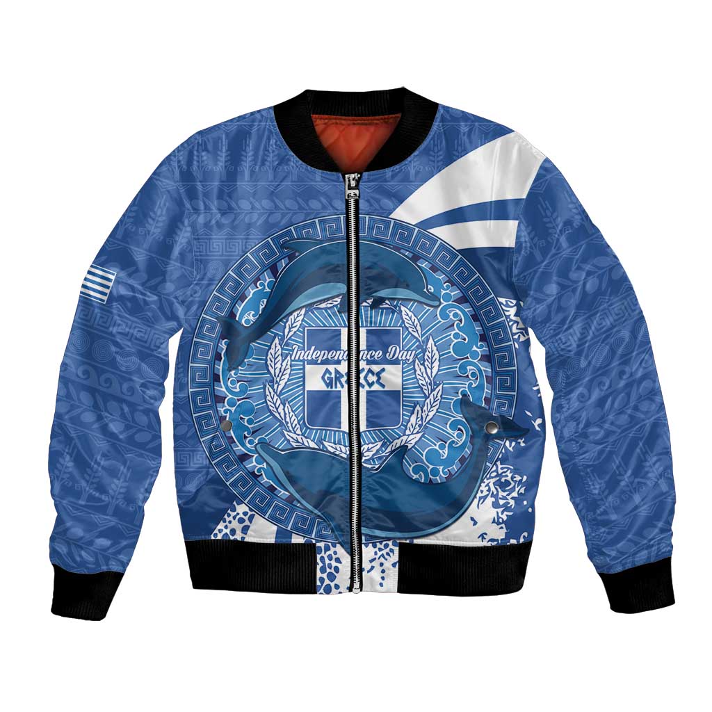 Greece Independence Day Bomber Jacket Greek Pattern With Dolphins