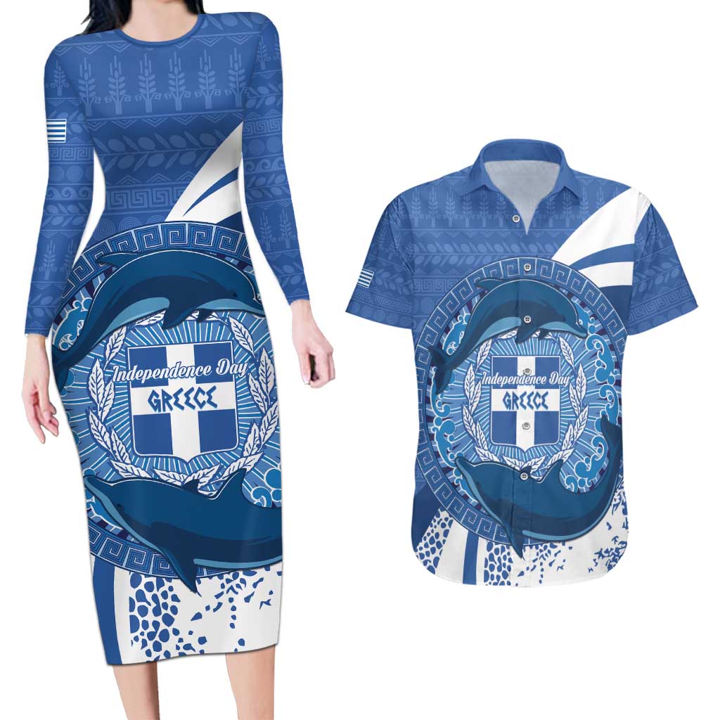 Greece Independence Day Couples Matching Long Sleeve Bodycon Dress and Hawaiian Shirt Greek Pattern With Dolphins