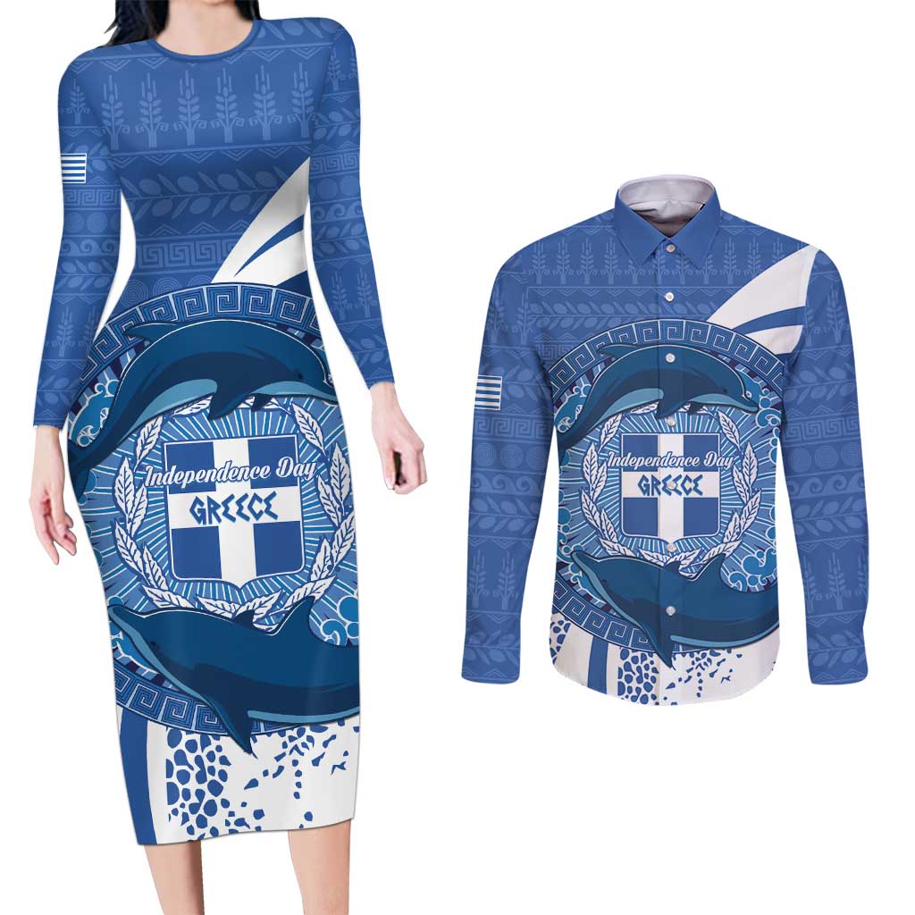 Greece Independence Day Couples Matching Long Sleeve Bodycon Dress and Long Sleeve Button Shirt Greek Pattern With Dolphins