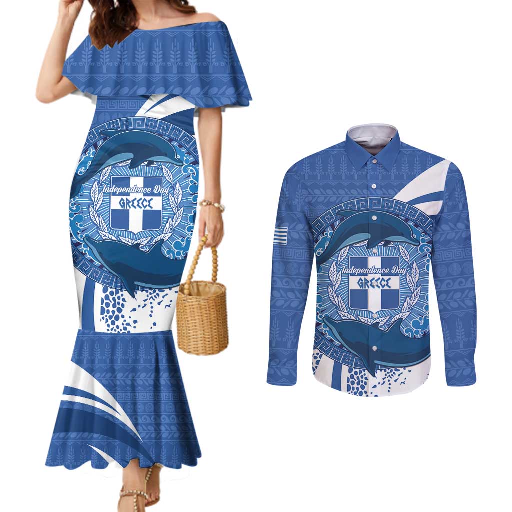 Greece Independence Day Couples Matching Mermaid Dress and Long Sleeve Button Shirt Greek Pattern With Dolphins