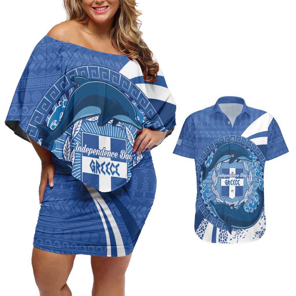 Greece Independence Day Couples Matching Off Shoulder Short Dress and Hawaiian Shirt Greek Pattern With Dolphins