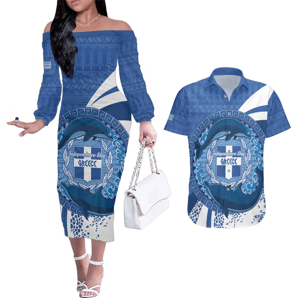 Greece Independence Day Couples Matching Off The Shoulder Long Sleeve Dress and Hawaiian Shirt Greek Pattern With Dolphins