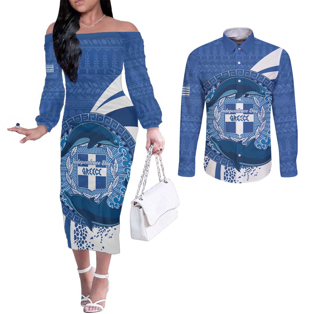 Greece Independence Day Couples Matching Off The Shoulder Long Sleeve Dress and Long Sleeve Button Shirt Greek Pattern With Dolphins