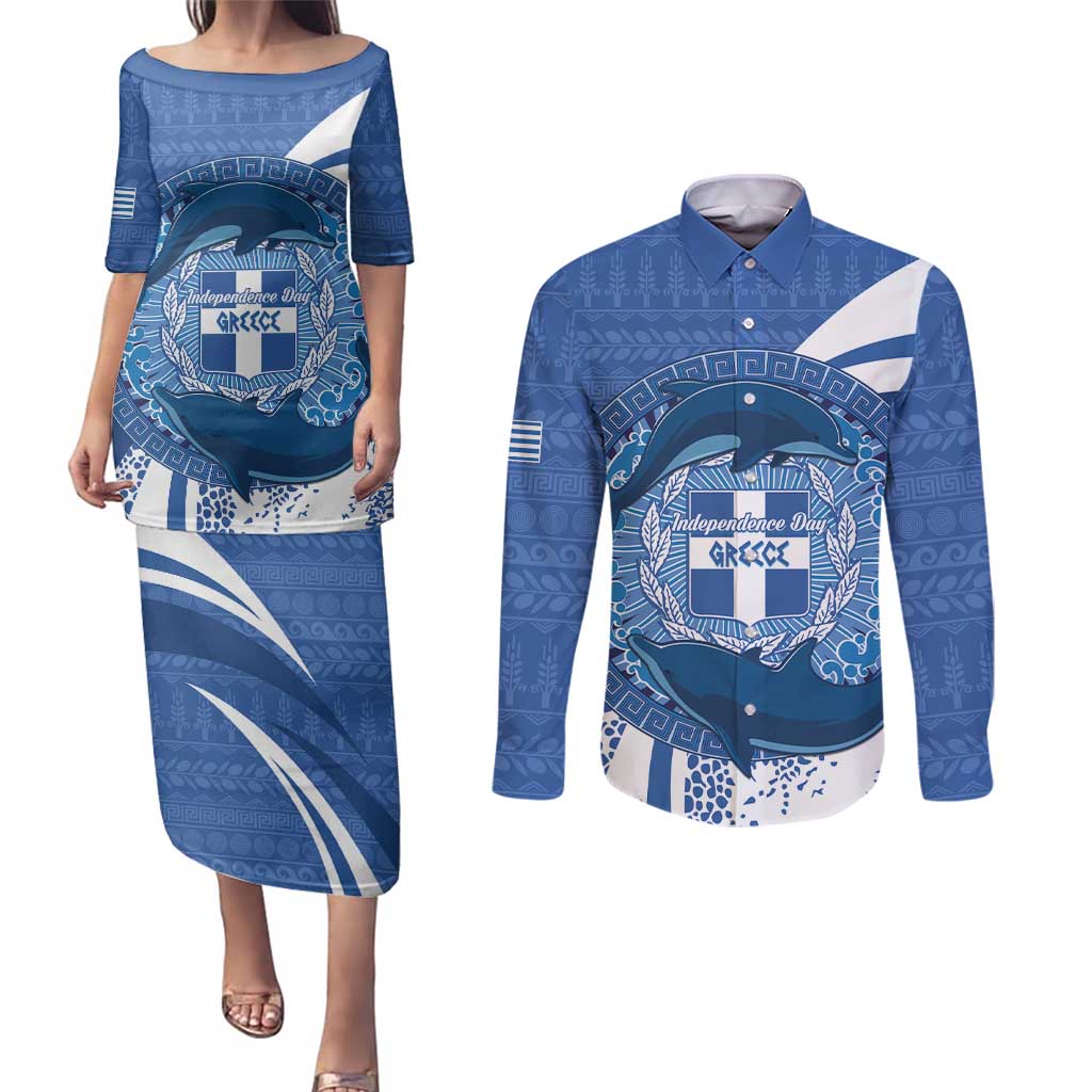 Greece Independence Day Couples Matching Puletasi and Long Sleeve Button Shirt Greek Pattern With Dolphins