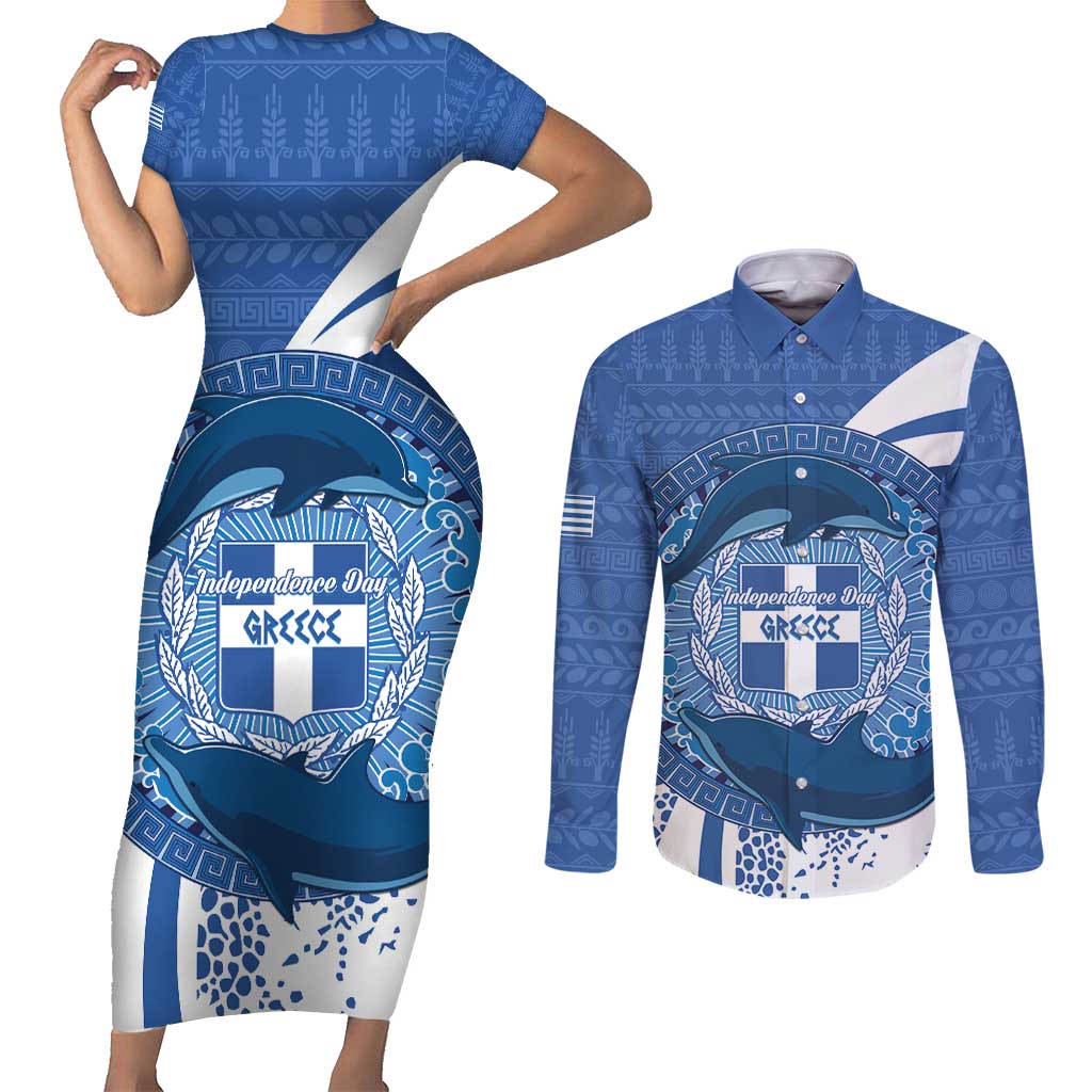 Greece Independence Day Couples Matching Short Sleeve Bodycon Dress and Long Sleeve Button Shirt Greek Pattern With Dolphins