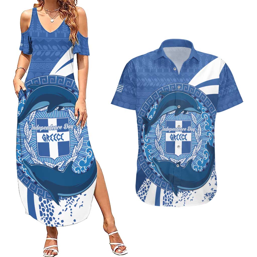 Greece Independence Day Couples Matching Summer Maxi Dress and Hawaiian Shirt Greek Pattern With Dolphins