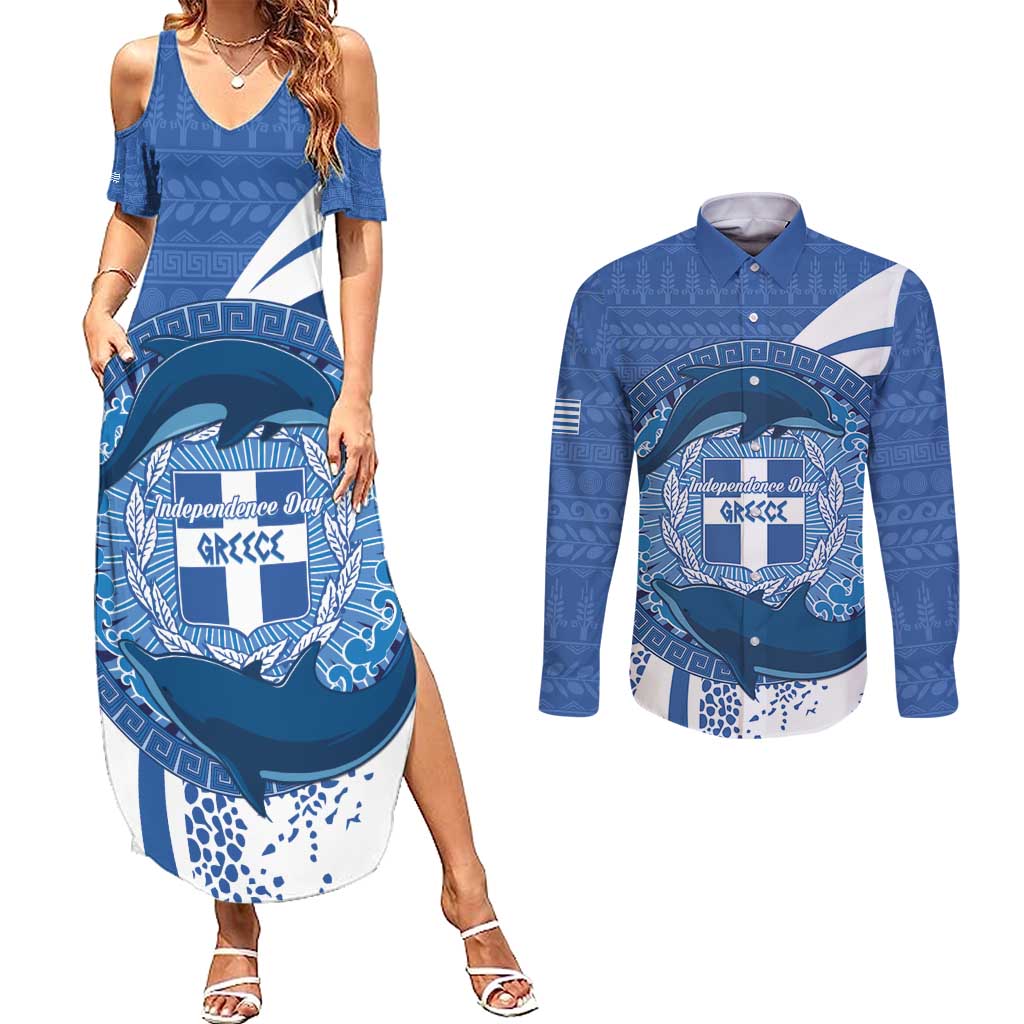 Greece Independence Day Couples Matching Summer Maxi Dress and Long Sleeve Button Shirt Greek Pattern With Dolphins