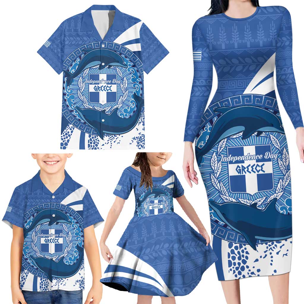 Greece Independence Day Family Matching Long Sleeve Bodycon Dress and Hawaiian Shirt Greek Pattern With Dolphins