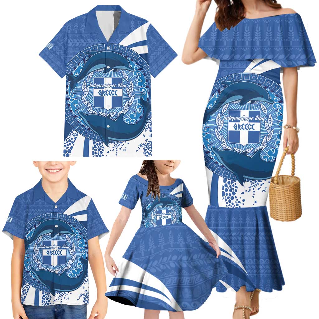 Greece Independence Day Family Matching Mermaid Dress and Hawaiian Shirt Greek Pattern With Dolphins