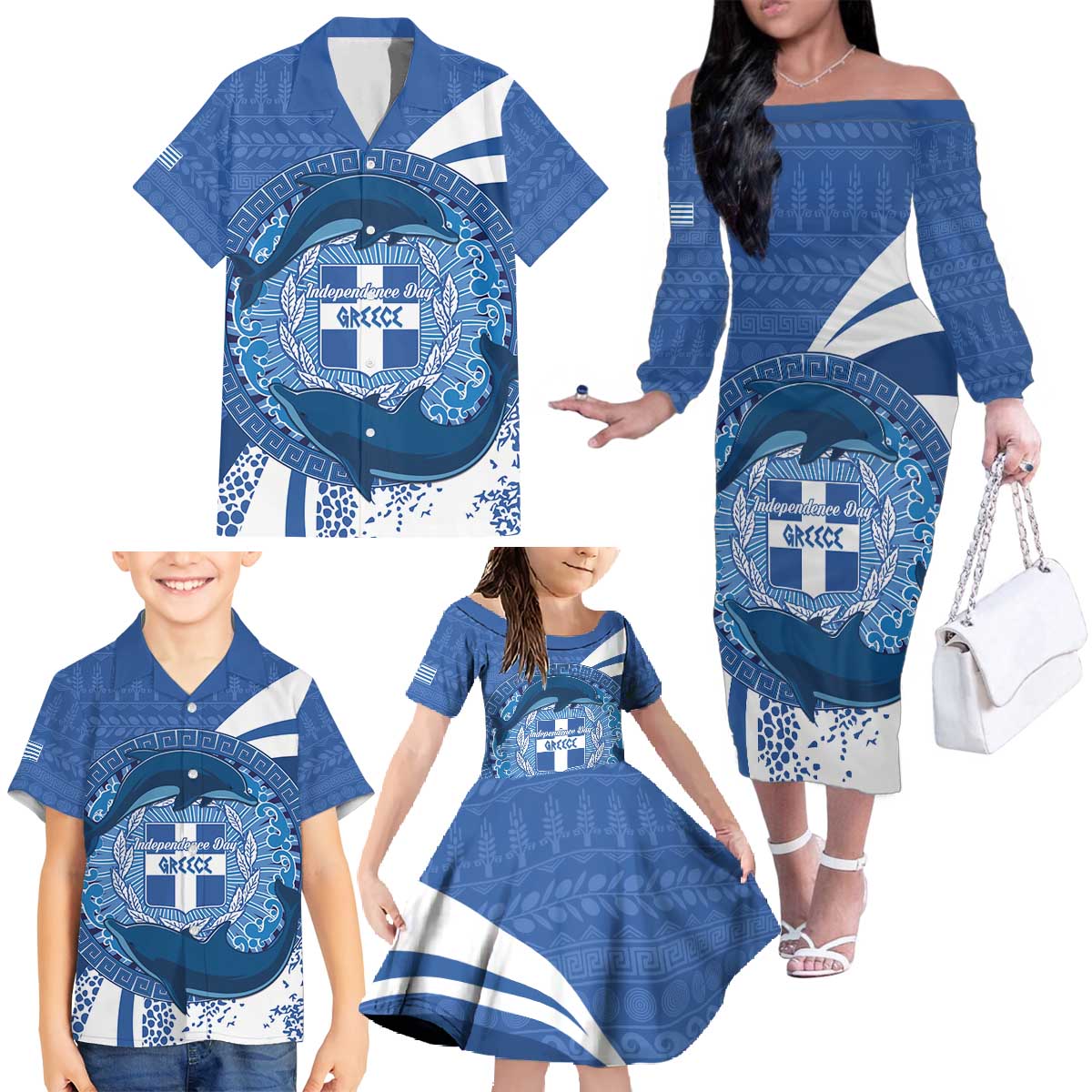 Greece Independence Day Family Matching Off The Shoulder Long Sleeve Dress and Hawaiian Shirt Greek Pattern With Dolphins