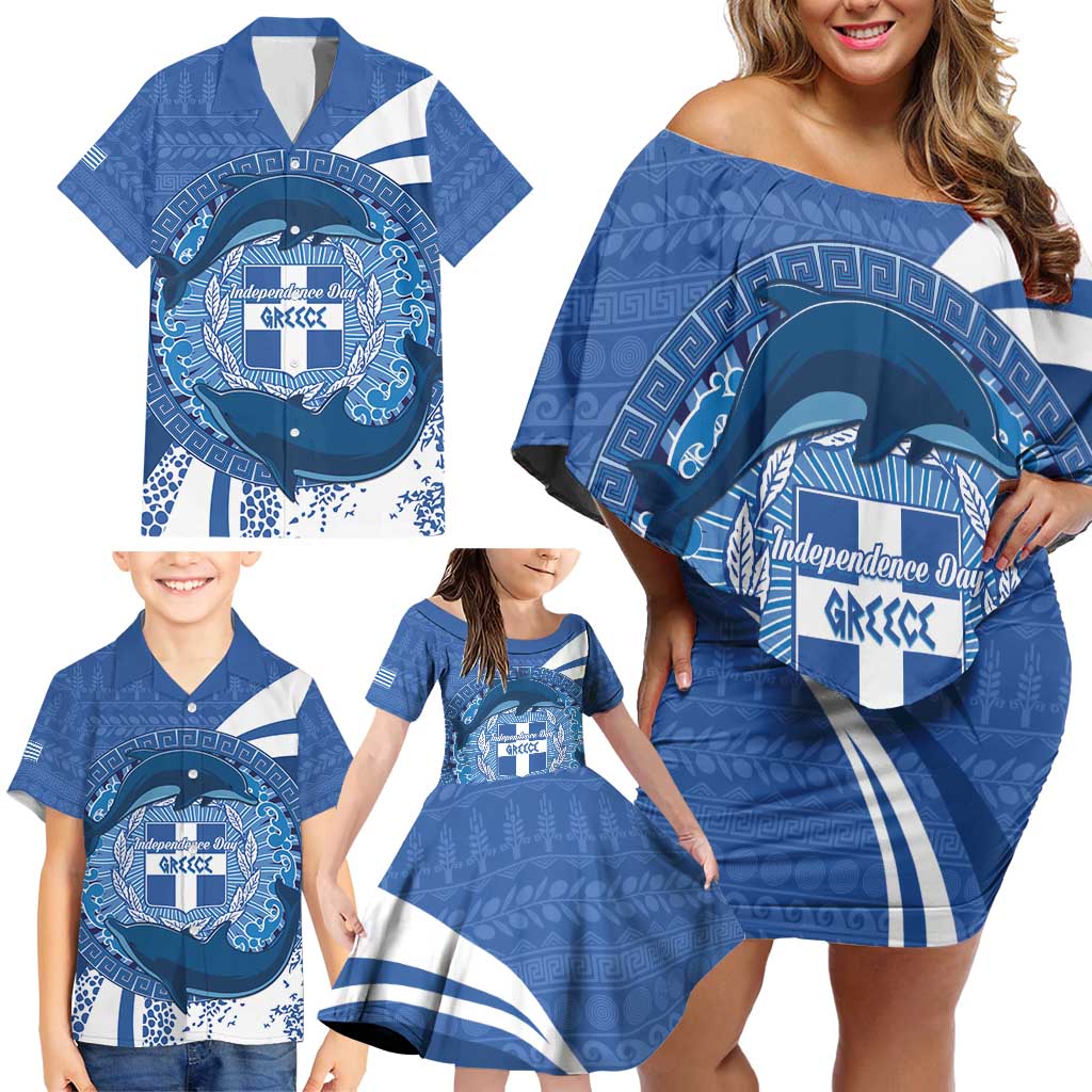 Greece Independence Day Family Matching Off Shoulder Short Dress and Hawaiian Shirt Greek Pattern With Dolphins