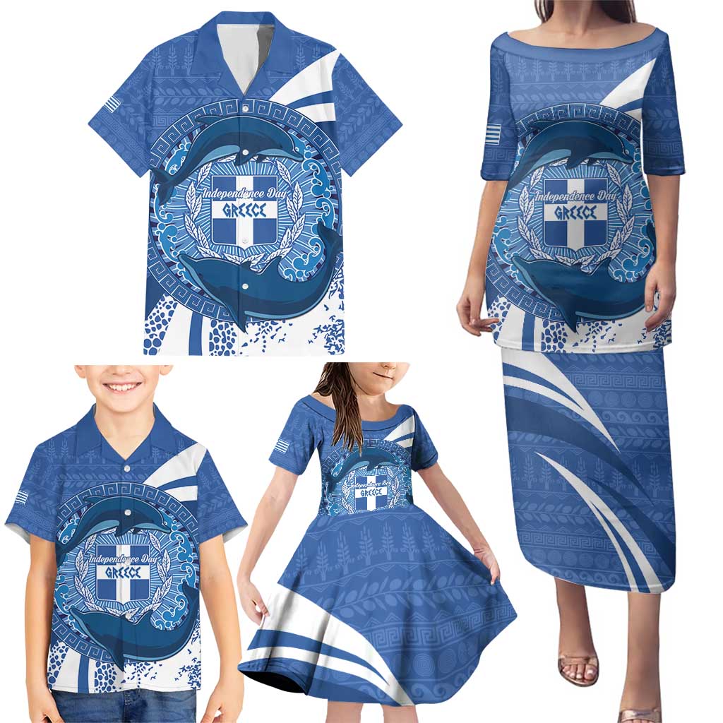 Greece Independence Day Family Matching Puletasi and Hawaiian Shirt Greek Pattern With Dolphins