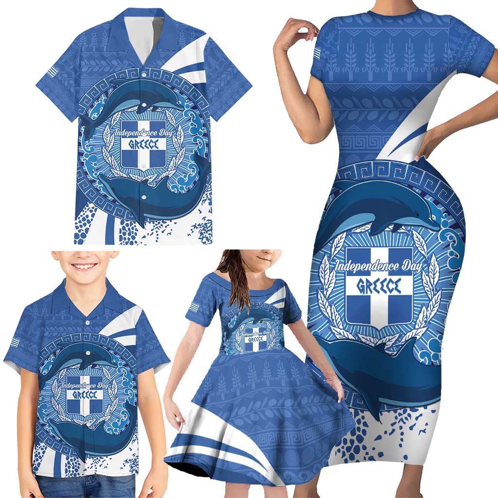 Greece Independence Day Family Matching Short Sleeve Bodycon Dress and Hawaiian Shirt Greek Pattern With Dolphins