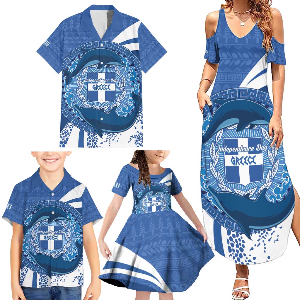 Greece Independence Day Family Matching Summer Maxi Dress and Hawaiian Shirt Greek Pattern With Dolphins