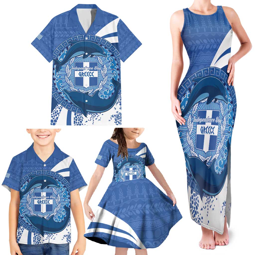 Greece Independence Day Family Matching Tank Maxi Dress and Hawaiian Shirt Greek Pattern With Dolphins