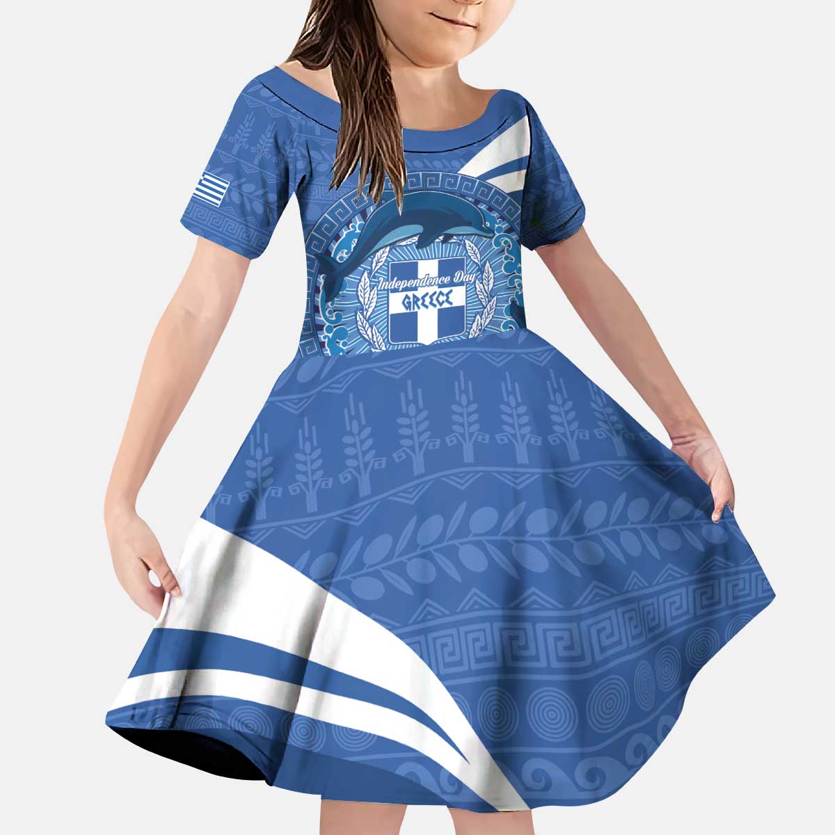 Greece Independence Day Kid Short Sleeve Dress Greek Pattern With Dolphins