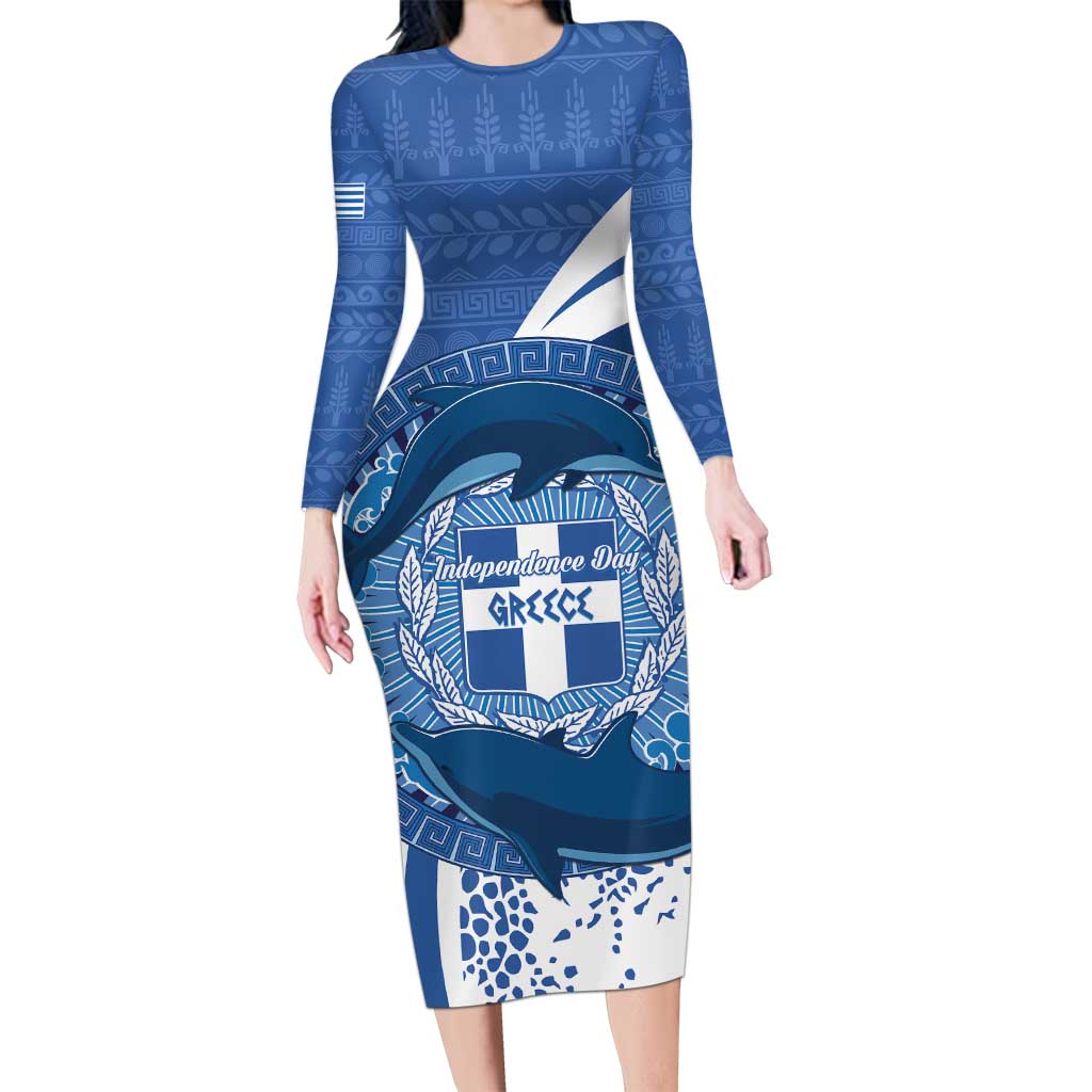 Greece Independence Day Long Sleeve Bodycon Dress Greek Pattern With Dolphins