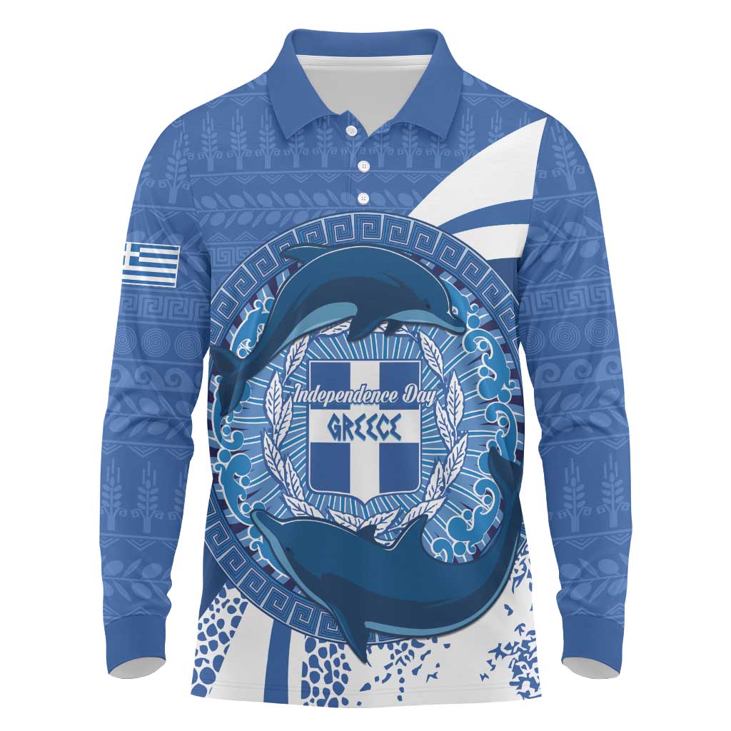 Greece Independence Day Long Sleeve Polo Shirt Greek Pattern With Dolphins