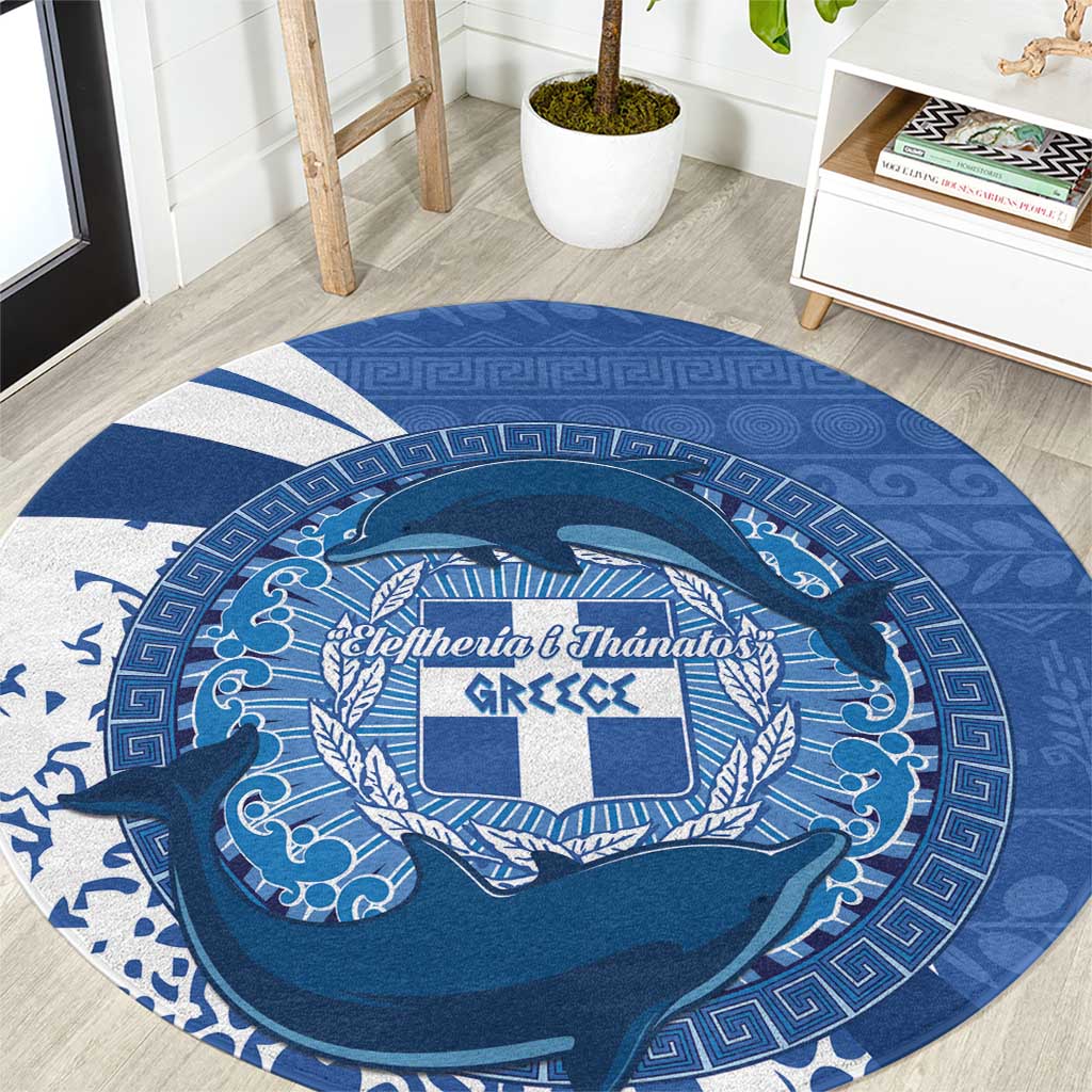 Greece Independence Day Round Carpet Greek Pattern With Dolphins