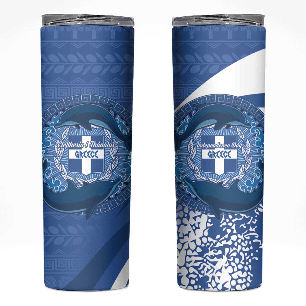 Greece Independence Day Skinny Tumbler Greek Pattern With Dolphins