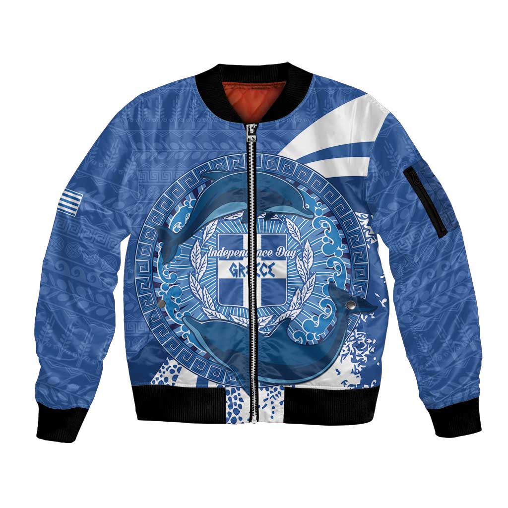 Greece Independence Day Sleeve Zip Bomber Jacket Greek Pattern With Dolphins