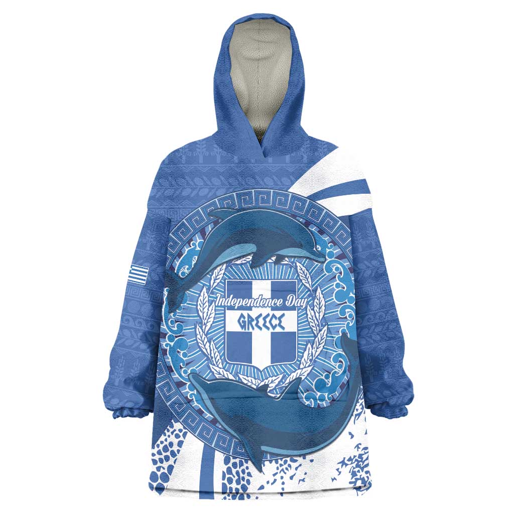 Greece Independence Day Wearable Blanket Hoodie Greek Pattern With Dolphins