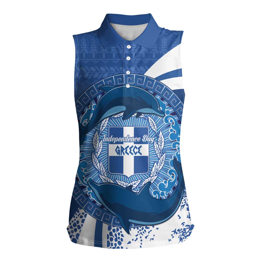 Greece Independence Day Women Sleeveless Polo Shirt Greek Pattern With Dolphins