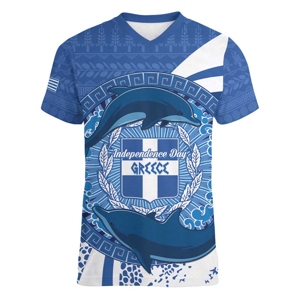 Greece Independence Day Women V-Neck T-Shirt Greek Pattern With Dolphins