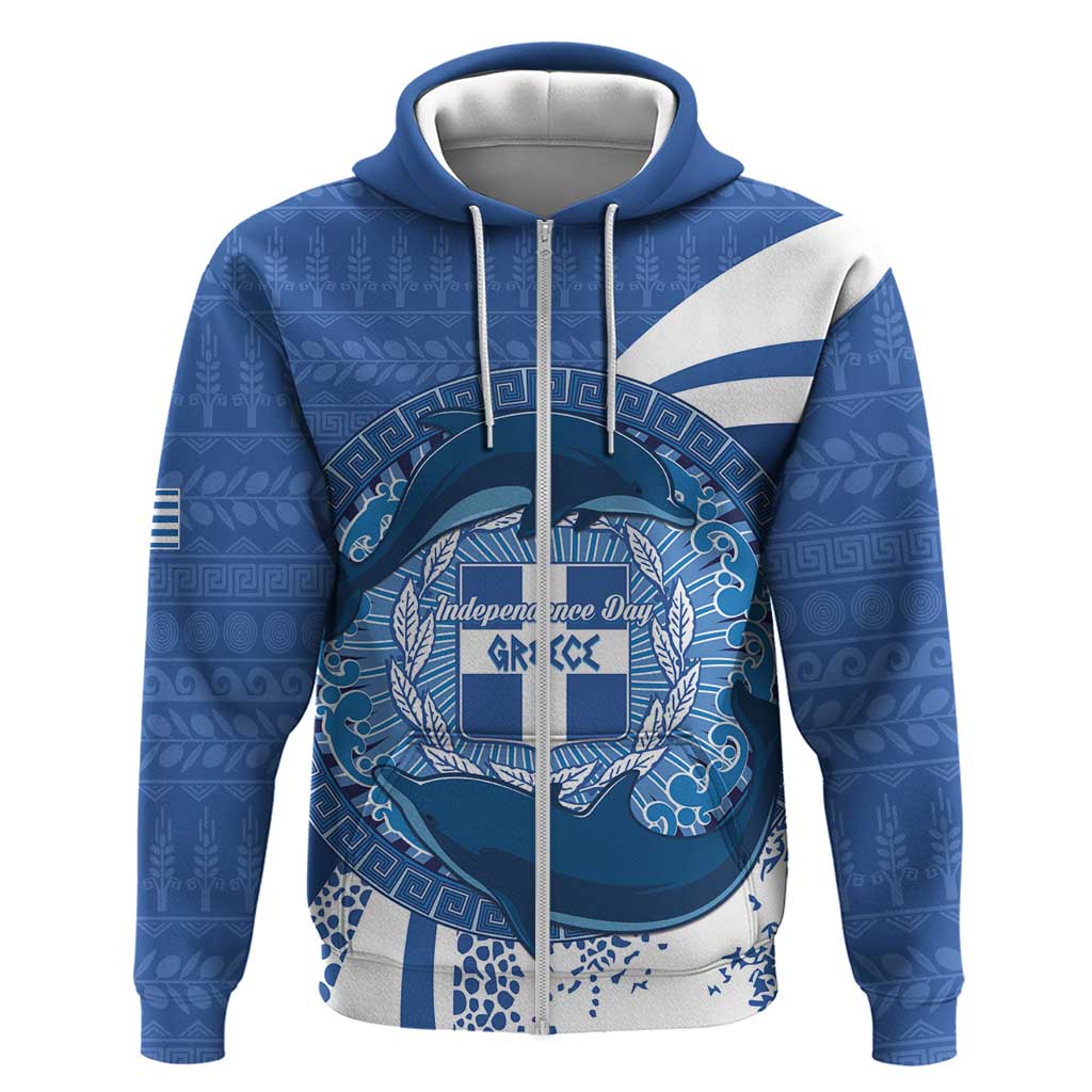 Greece Independence Day Zip Hoodie Greek Pattern With Dolphins